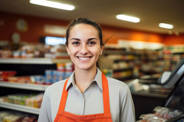 Smiling young female supermarket worker looking at the camera. - obrazy, fototapety, plakaty
