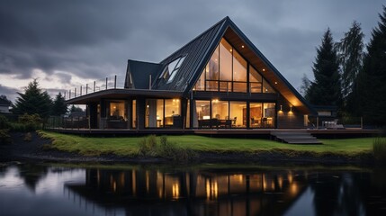 Obraz premium Luxury Wooden Hous. Professional Shot. Exterior Design. Huge Windows.