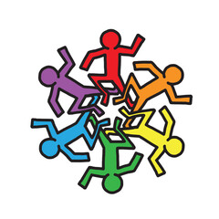 six people dancing in a circle, representing unity, friendship, and celebration