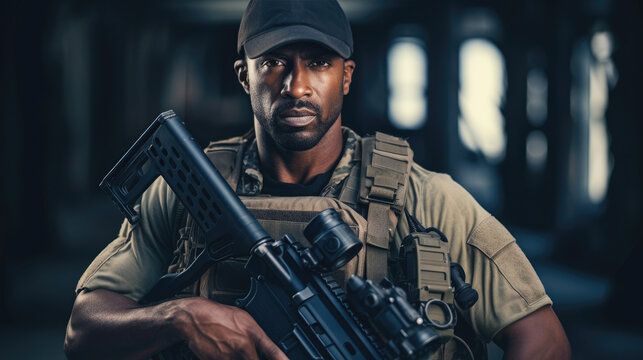 Special forces black man soldier holding a gun. Private army mercenary