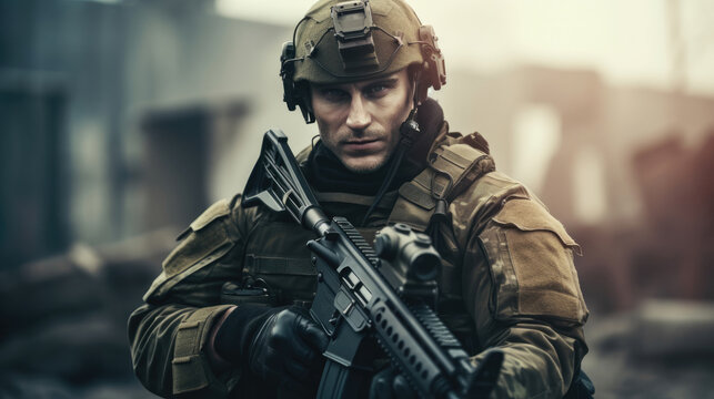 Special forces soldier holding a gun. Private army mercenary.