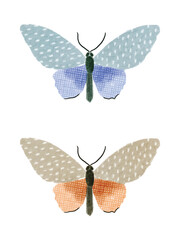 Watercolor cute butterflies with textured wings. Naive style.  Vector illustration 