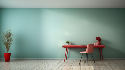 Office interior illustration, desk, chair, computer on empty space for text. AI Generative.