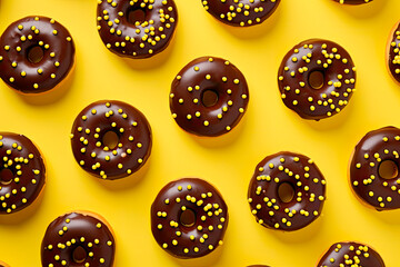 pattern of donuts with chocolate glazed and yellow background. Top view