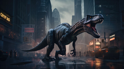 Fototapeta na wymiar Wild Tyrannosaurus Rex in the City