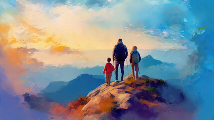Family in the mountains, generative ai