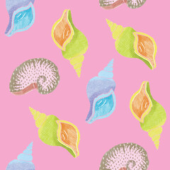 Hand drawn Naive sea sells seamless pattern. Watercolour various shells for print, poster, textile, fabric. Vector illustration