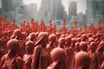 Fototapeta premium Uncanny Spectacle: Blank-Faced Red Crowd in Mystery (Generative AI)