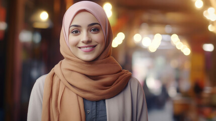 Pretty, beautiful, very attractive Muslim Asian young woman with hijab looking at the camera posing at an Arab city market.
