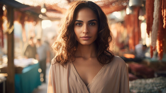 Pretty, beautiful, very attractive middle eastern young woman looking at the camera posing at an Arab city market