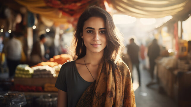 Pretty, beautiful, very attractive middle eastern young woman looking at the camera posing at an Arab city market