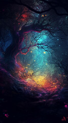 Enchanted dark forest multicolored space for text. AI Generative.