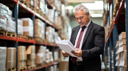 Senior warehousing professional reading a file with inventory records in a fulfillment center