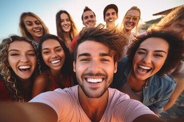A group of friends takes a selfie, wide angle view.