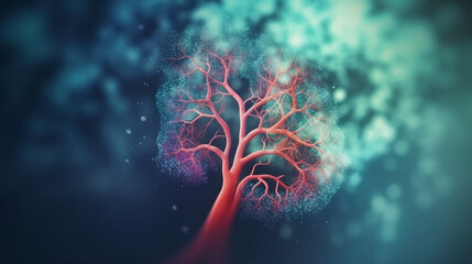 Illustration of an upside down Tree full of vitality shaped as lungs. Generative AI. - obrazy, fototapety, plakaty