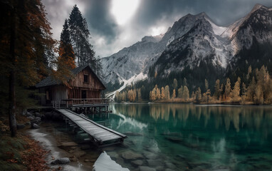 Fototapeta premium The landscape around Lake braies or pragser. Generative AI.