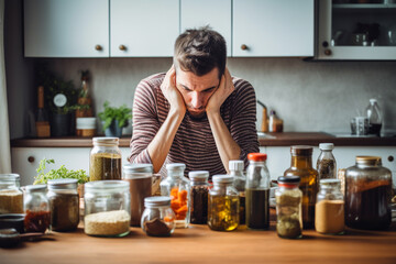 Depressed man in front of a large pile of groceries in the kitchen.