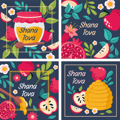 Set of Shana Tova vertical banners with pomegranate, honey jar, fruits and flowers.