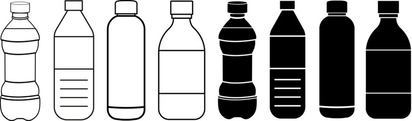 Set of black vector bottle icons isolated on white background. PET bottle plastic. - obrazy, fototapety, plakaty
