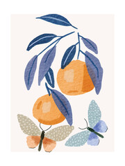 Watercolor orange fruit branch with leaves and flying butterflies. Hand drawn contemporary nature poster print. Vector illustration