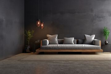 Wooden sofa  wall in living room interior, modern design, mock up furniture decorative interior. AI Generative.
