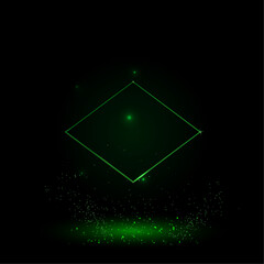 A large green outline rhombus symbol on the center. Green Neon style. Neon color with shiny stars. Vector illustration on black background