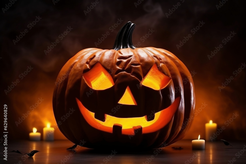 Wall mural halloween pumpkin head jack lantern on wooden background.