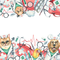 Dog, cat, hamster, parrot doctors in a dressing gown, glasses, with a stethoscope, a suitcase and medical instruments, injections. Watercolor illustration hand drawn. Template on white background.