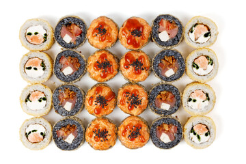 Obraz premium set of crunch rolls with salmon, avocado, cucumber on white background for restaurant menu, studio shooting 2