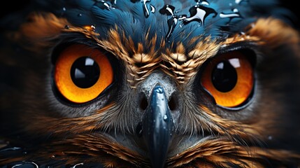 Close-Up of Owl's Eyes, Intense Yellow Eye Color on a Captivating Black Background, Capturing the Wildlife Predator's Vision
