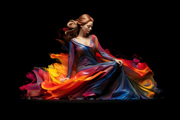 Captivating Modern Art: Seated Woman with Flow of Color on Black Background | High Details and Wonderful Colors