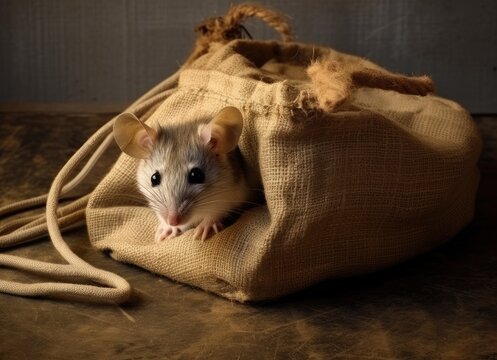 closeup the vole mouse nibbles the sack of grain in the storehouse Created with Generative AI technology.