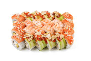 role set with salmon, shrimp and avocado on white background for restaurant menu, studio shooting 1