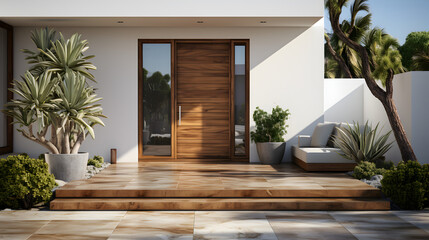 Modern villa entrance house entrance white wall, wood door Generative AI