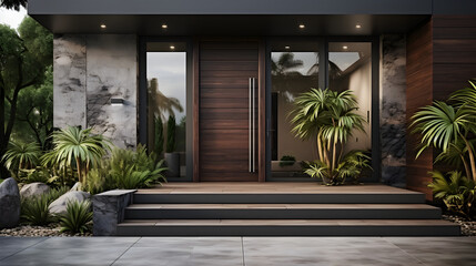 Modern villa entrance house entrance black wall, wood door Generative AI