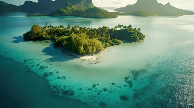 Aerial view tropical beach island reef. Aerial view of beautiful island in the middle of ocean. Exotic tropical island secluded destination away from it all. Realistic 3D illustration. Generative AI