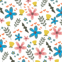 Pattern with colorful flowers, leaves, grass. Simple flat vector design. Textile botanical print.