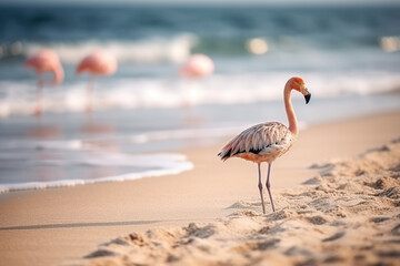 A cute little flamingo with summer colors on a beach on vacation. Flamingo enjoying a beach in pastel colors. Creative image of flamingo on holiday. Realistic 3D illustration. Generative AI