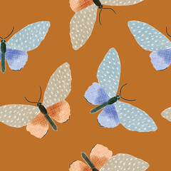 Watercolor seamless pattern. Naive style butterfly wallpaper. Vintage hand drawn insects. 
