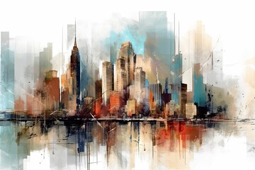Spectacular Cityscape: Colorful Watercolor Painting of Skyscrapers (Generative AI)