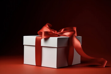 Closed gift box with red bow, red background. Generative AI