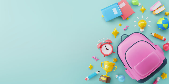 Back to School background template with school backpack,pencil,books, alarm clock and Education elements in flat lay style, 3D Illustration.Vector illustration eps 10.