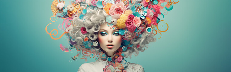 Obraz premium Woman banner. Hairstyle, flowers decorated, women's day, march 8, celebrate, beauty