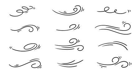 Doodle wind line sketch set. Hand drawn doodle wind motion, air blow, swirl elements. Sketch drawn air blow motion, smoke flow art, abstract line. Isolated vector illustration. - obrazy, fototapety, plakaty