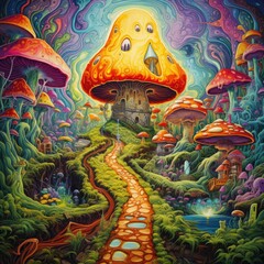 Obraz premium Imaginative City with Full of Mushrooms in Psychedelic Art