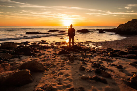Silhouette of a man at sunset on beach