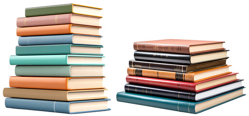 A set of books. Stacks of books for learning. Many books are stacked on top of each other. Isolated on a transparent background.