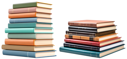 A set of books. Stacks of books for learning. Many books are stacked on top of each other. Isolated on a transparent background.
