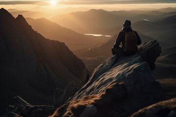 Obraz premium Contemplative person sitting on the edge. Stunning view in mountainous landscape. Generative AI.