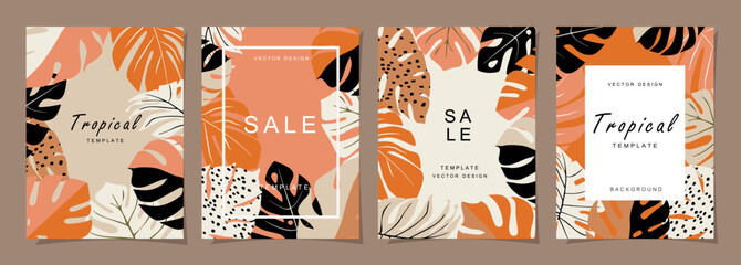 Naklejka premium Summer template set for poster, card, cover, label, banner in modern minimalist style and simple summer design templates with tropical leaves, flower, and plants.